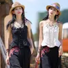 Roupas étnicas 2024 Tradicional Mulheres Crop Tank Tops National Flower Bordado Camisole Colete Tanques Sem Mangas Oriental Folk Camisa
