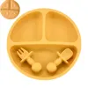 Ensemble 4pcs / ensemble bébé Silicone Silicone Plaque de salle à manger solide Carton Mignon Enfants Plats Smile Face Baby Table Vérification Retro Kids Plate Curtain