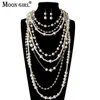 Perlenketten MOON GIRL Mehrschichtige künstliche Perlenkette Lange trendige Statement-Halskette für Damen Modeschmuck 221102240h