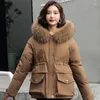 Casaco de inverno feminino para baixo com bolsos grandes engrossar quente solto jaqueta feminina casual forro de pele curto parkas gola com capuz