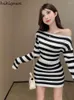 Work Dresses Knit Skirt Outfits Fashion Sweet Two Piece Set Women Slash Neck Cropped Pullovers Mini Bodycon Skirts Suit Casual Striped Sets