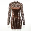 Casual Dresses Velvet och Lace Mini Dress Mock Neck Long Sleeve Bodycon Vintage Short Party for Women