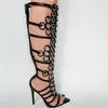 2024 Skórzany owcza skóry gladiator patent sandały buty sztyletowe obcasy Pumki Kobiety Summer Peep Open-Toe Wąskie opaski Zip Zip Long Boots One Line Metal Siz 34-43