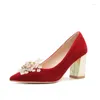 Dress Shoes Size 30-44 Chunky Heel Crystal Flower Red High Heels Female Bride Bridesmaid Large Women Wedding