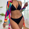 Kvinnor baddräkt alla konservativa bikinis strand täcker med mesh tryck långärmad sexig och lös passform en storlek passar färgglada