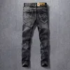 italiensk stil fi män jeans retro svart grå elastisk smal fit rippade jeans män byxor vintage designer denim pants hombre x4bo#