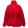 женская зимняя куртка с V-образным вырезом и поясом, теплая толстая стеганая парка с подкладкой, куртка Veet с красными рукавами Lg, короткая повседневная куртка-пуховик H4eW #