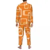 Home Clothing Orange Retro Mod Pajamas Men 60s Square Print Kawaii Room Sleepwear Spring 2 Pieces Vintage Oversize Graphic Set