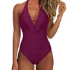 Women's Swimwear 2023 Women Swimwear Solid Halter One Piece Monokini Female Swimsuits Dp V Bodysuit Lady Padded Bra Bathing Suits Beachwear T240328