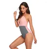Women's Swimwear Bikini One Piece Shoulder Neck Stripe Swimsuit Color Matching Slim One-Piece