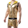 Mens Gold Shiny Tight Leather Tank Tops Boxer Briefs Shorts Clubwear Set Suit Nightclub Stage Party Jackets Costume Streetwear 240326