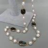 KKGEM 8x10mm riso bianco naturale perla d'acqua dolce catena del rosario pera sfaccettata labradorite castone set catena maglione collana avvolgente 28 240322