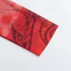 Lässige Kleider KEYANKETIAN 2024 Launch Holiday Wind Retro Ink Print Damen-MIDI-Kleid aus rotem Tüll, schmal, langärmelig, A-Linie, knöchellang