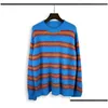 Menströjor Autumn Winter Round Neck Color Stripe Contrast Loose Mohair Knitwears Plovers Overdimensionerade kvinnliga kläder Vintage Drop Deli Otxrr