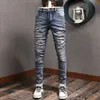 Straat Fi Mannen Jeans Retro Blauw Stretch Skinny Fit Gescheurde Jeans Mannen Geschilderd Designer Kralen Patched Hip Hop Merk broek k2to #