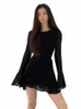 Houzhou Black Dr Women Elegancki Back Hollow Out Lace-Up Lg Sleeve Mesh Patchwork Sexy Slim Ruffle Mini Dr Party 55K9#