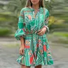 Casual Dresses Vintage Print for Women V Neck Lace Up Shirt Dress Fashion Mini Summer Party