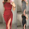 Casual Dresses 2024 High Waist Vintage Bling Sexy Women Autumn Off Shoulder Bright Silk Shiny Party Dress Lady Split Bodycon