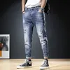 Zomer Mannen Gescheurde Jeans Fi Streetwear Casual Blauw Lichtgewicht Slim Fit Patches Denim Broek M6kh #