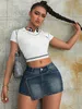 2023 feminino fi 90s vintage zip up detalhe bolso inclinado assimétrico bainha denim mini skort rua a linha shorts de carga magros k867 #