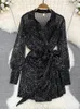 Robes décontractées Vintage Mini robe pour femmes mode à manches longues paillettes fête sexy col en v mince noeud papillon taille haute a-ligne courte nuit