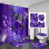 Rideau de douche imprimé imperméable, 4 pièces, couverture de tapis, de toilette, de bain, ensemble de salle de bain, fleur violette, papillon, maison, 240328