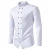 Мужская рубашка в стиле ретро, двубортный Королевский стиль, воротник-стойка с рукавами Lg, однотонный, приталенный, деловой, мужской топ l9vX#