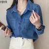 Women's Blouses Lucyever Blue Denim Shirt Women 2024 Autumn Single-Breasted Jeans Female Pockets Loose Fashion Lapel Cowboy Blusas