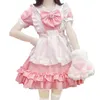 Student Lolita Cosplay Costumes Kawaii Cat Paw Pink Bow Arp Maid Outfits koronkowe marszczenia print impert dr Japanese Clothing U2J3#