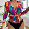 Women Swimsuit All Conservative Bikinis Beach Cover Up With Mesh Print Long Sleeve Sexy And Loose Fit One Size Fits Colorful