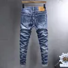 Jeans da uomo stile italiano Fi Retro blu elastico elasticizzato slim jeans strappati da uomo ricamo designer pantaloni denim vintage Hombre s3QZ #