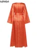 Sukienki swobodne Vonda 2024 Summer Women Satin Maxi sukienka elegancka v szyja nadrukowane bohemian długie rękawowe rozdzielone rąbek retro sundress belted