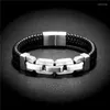 Charme pulseiras estilo simples masculino preto pulseira de couro genuíno clássico inserção de aço inoxidável dupla camada trança pulseiras para homem amigo