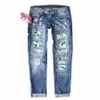 Femmes New Street Shamrock Clover Ripped Skinny Jeans Vintage Denim Pantalon Femmes Crayon Denim Pantalon St Patricks Day Vêtements R2SI #