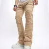 Hommes Streetwear Vintage empilé épissé déchiré Slim Jeans pantalon Distred mâle moto droit Biker Denim pantalon t3eO #