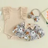 Ensembles de vêtements d'été pour bébé fille, vêtements à volants, barboteuse et jupe florale élastique, short, bandeau, tenues