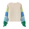 rainbow Striped Knit Sweater Cardigan Women Double-breasted V-neck Jacket Coat Autumn Winter Loose Stylish Top DF4946 44AP#