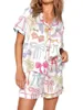 Hemkläder Kvinnors satinpyjama Set Lapel Neck Button Down Short Sleeve Tops Elastic midjeshorts 2 stycken Lounge Sleepwear