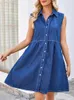 Casual jurken zomer korte vrouwen vintage gewassen denim jurk vrouwelijke mouwloze tank dames losse enkele rij knopen vestidos