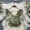 Blouses pour femmes français col en v noeud à lacets dame haut 2024 été vert croix cordon court licou chemise Satin Vintage femmes