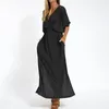 Casual Dresses Three-quarter Sleeve Dress Solid Color Elegant V-neck Split For Women Loose Fit High Waisted Spring