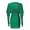 Casual Dresses Sexy Deep V-Neck Ruched Mini Dress With Glove Sleeve 2024 Fashion Elegant Long Night Club Party For Women