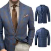 men Suit Coat Busin Coat Formal Men Lapel Coat Plaid Print Lg Sleeve Cardigan Double Butts Patch Pockets Men Blazer u8aC#