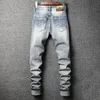 Jeans da uomo stile italiano Fi Retro azzurro elastico slim fit jeans strappati vintage da uomo patchwork designer pantaloni in denim Hombre I1Me #