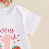 Kläderuppsättningar Blotona Baby Girls Birthday Outfit Kort ärm Brev Skriv ut romper Topps Strawberry Fleared Pants Pannband 6-18m