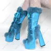 ブーツahhlsion faux fur winter winter mid calfhoof Heels Round toe美しいピンクの紫色の青靴