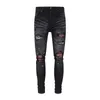 Nytt trendigt varumärke offamiri cashewblomma färgad tryckt med veckad lapp elastisk smal passande svarta jeans