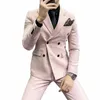 2022 New Pale Pink Men's Suit 3 Pieces Double-Breasted Lapel Formal Slim Fit Casual Tuxedos For Wedding Blazer+Vest+Pants h9sk#