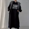 Casual Jurken Koreaanse Mode Denim Patchwork Lange Jurk Vrouwen O-hals Herfst Lente Letters Gedrukt Vestidos Hoodies Oversized LL005