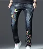 blue Mens Denim Ripped Hip Hop Skinny Leg Bird Floral Embroidered Jeans Fi Stretch Denim Pants E0hQ#